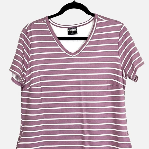 Womens 32 Degrees Cool Dress w/ Pockets Comfy Striped Short Sleeve V-Neck Sz L - Picture 2 of 14